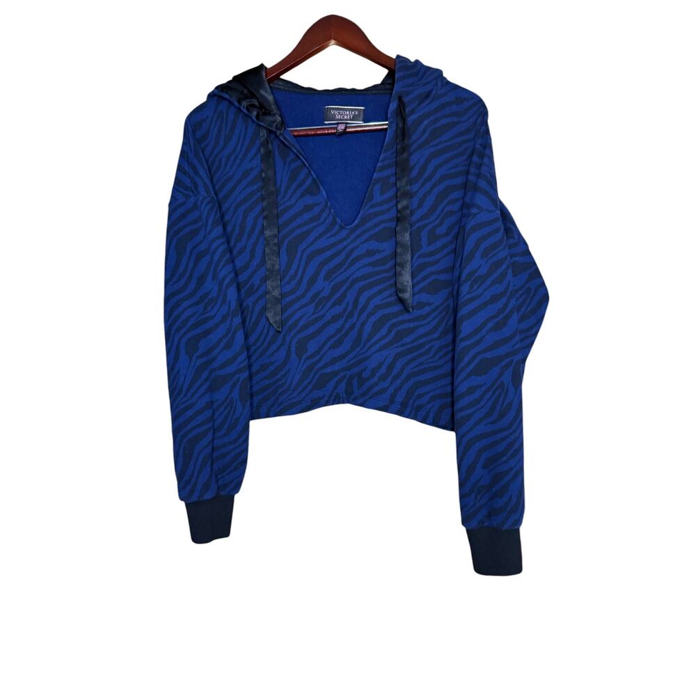 Victoria's Secret Blue Zebra Animal Print Crop Hoodie Size Medium